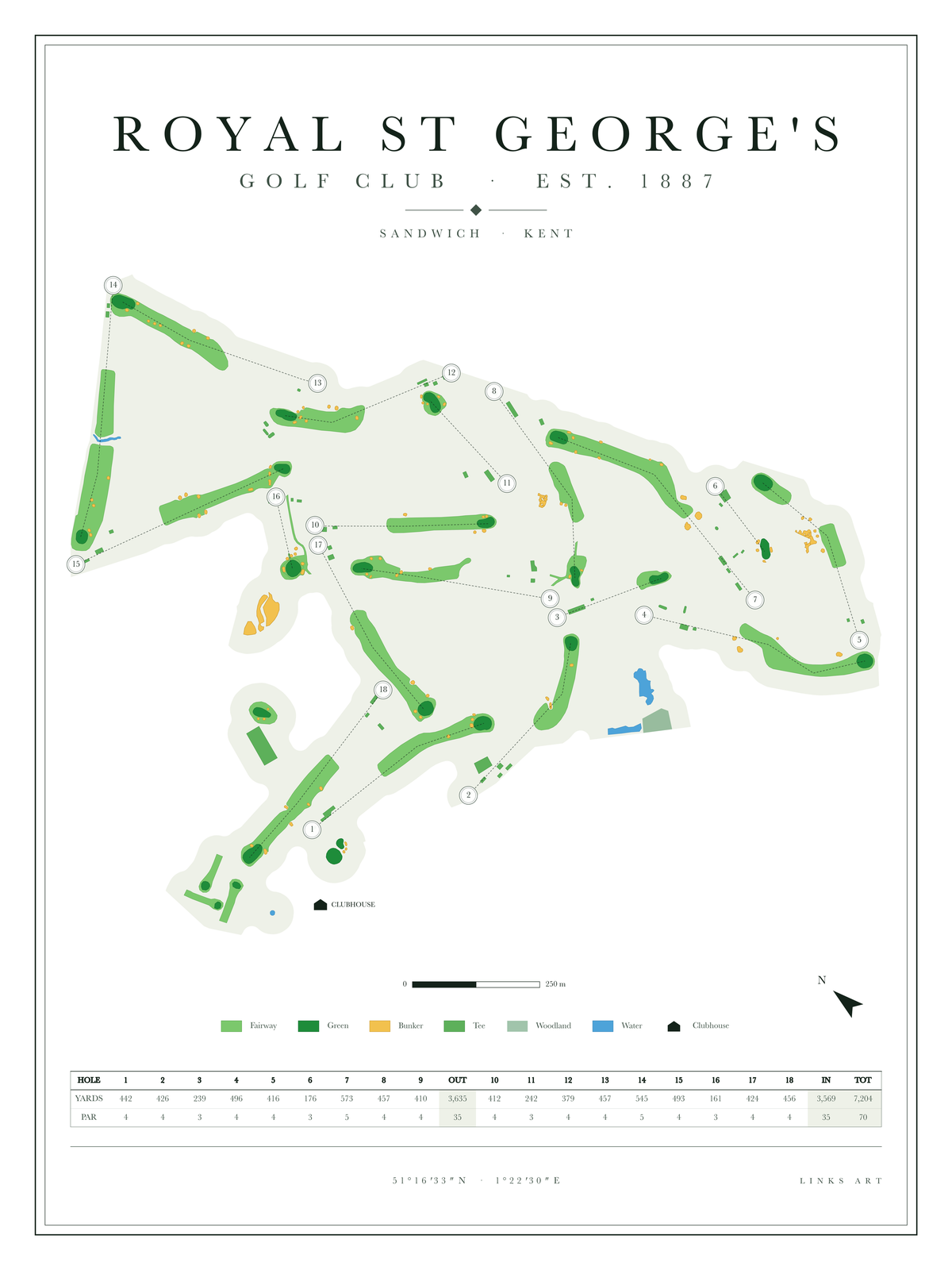 Royal St George's golf course map poster, Chalk, portrait