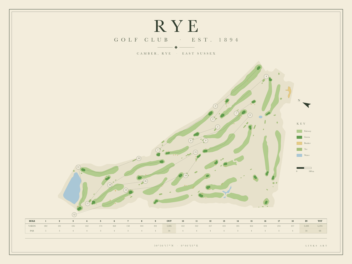 Rye golf course map poster, landscape