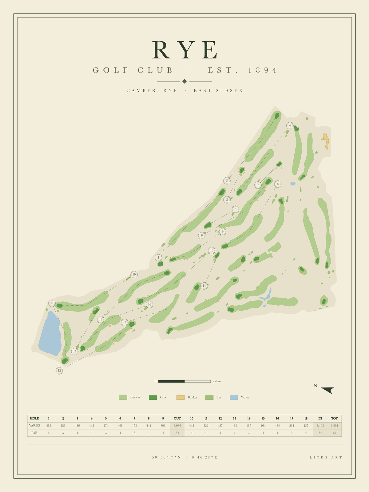 Rye golf course map poster, portrait