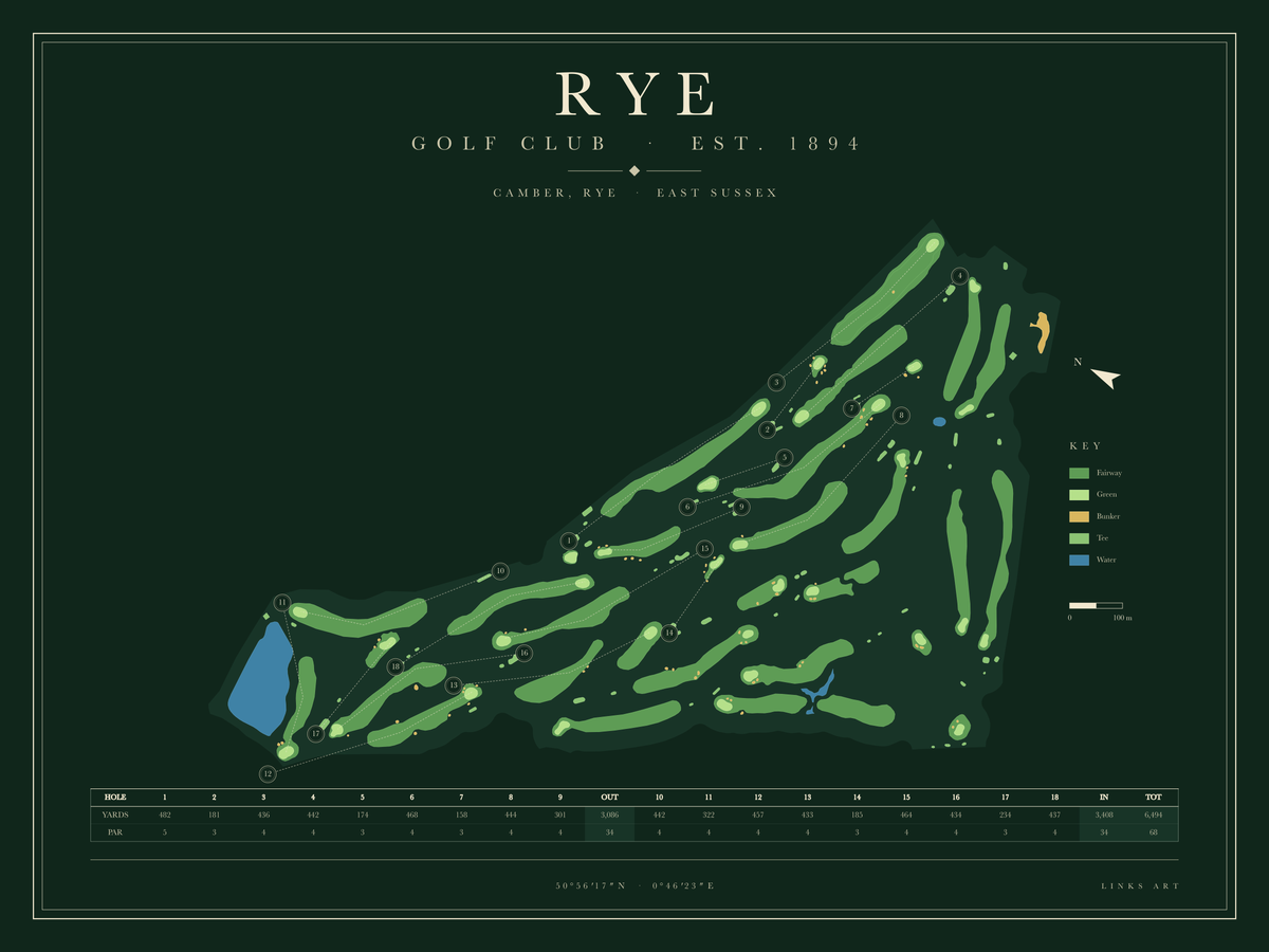Rye golf course map poster, Fescue, landscape