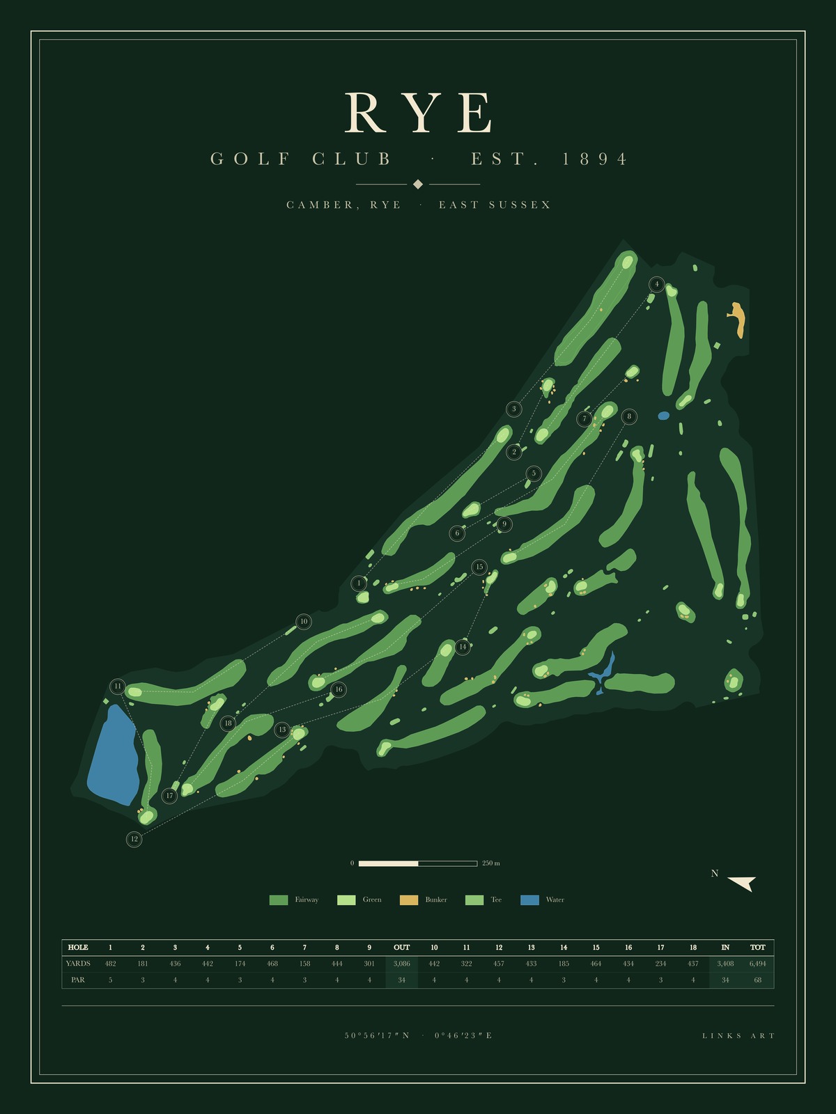 Rye golf course map poster, Fescue, portrait