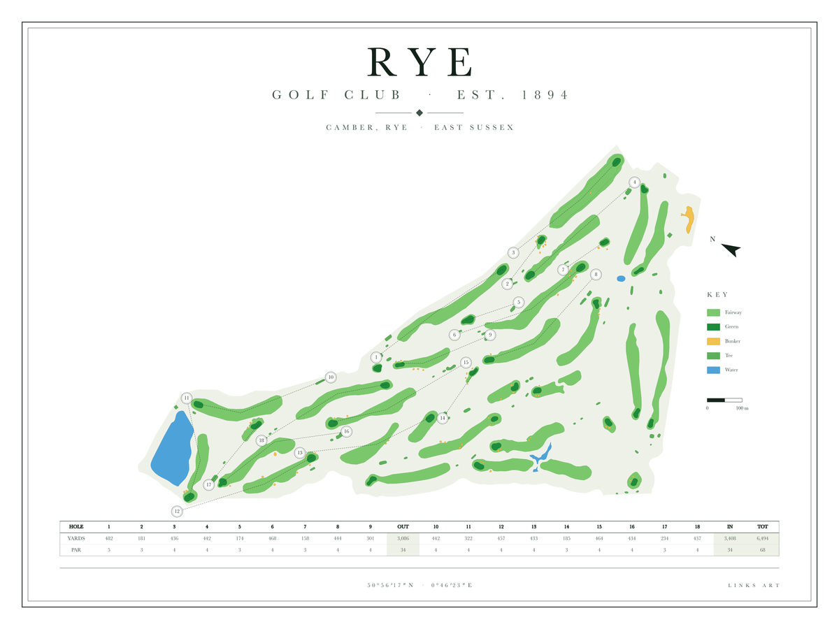 Rye golf course map poster, Chalk, landscape