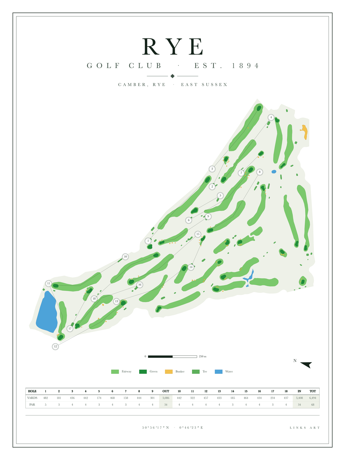 Rye golf course map poster, Chalk, portrait