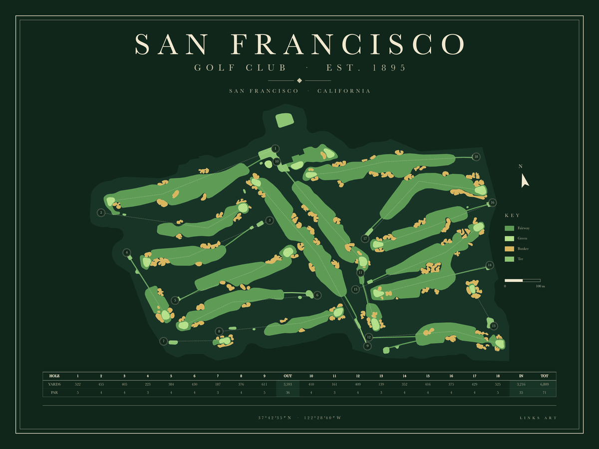 San Francisco golf course map poster, Fescue, landscape