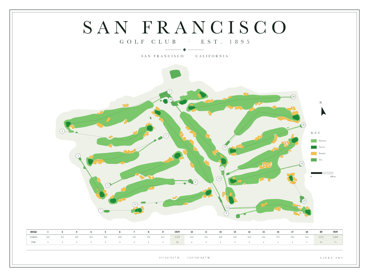San Francisco golf course map poster, Chalk, landscape