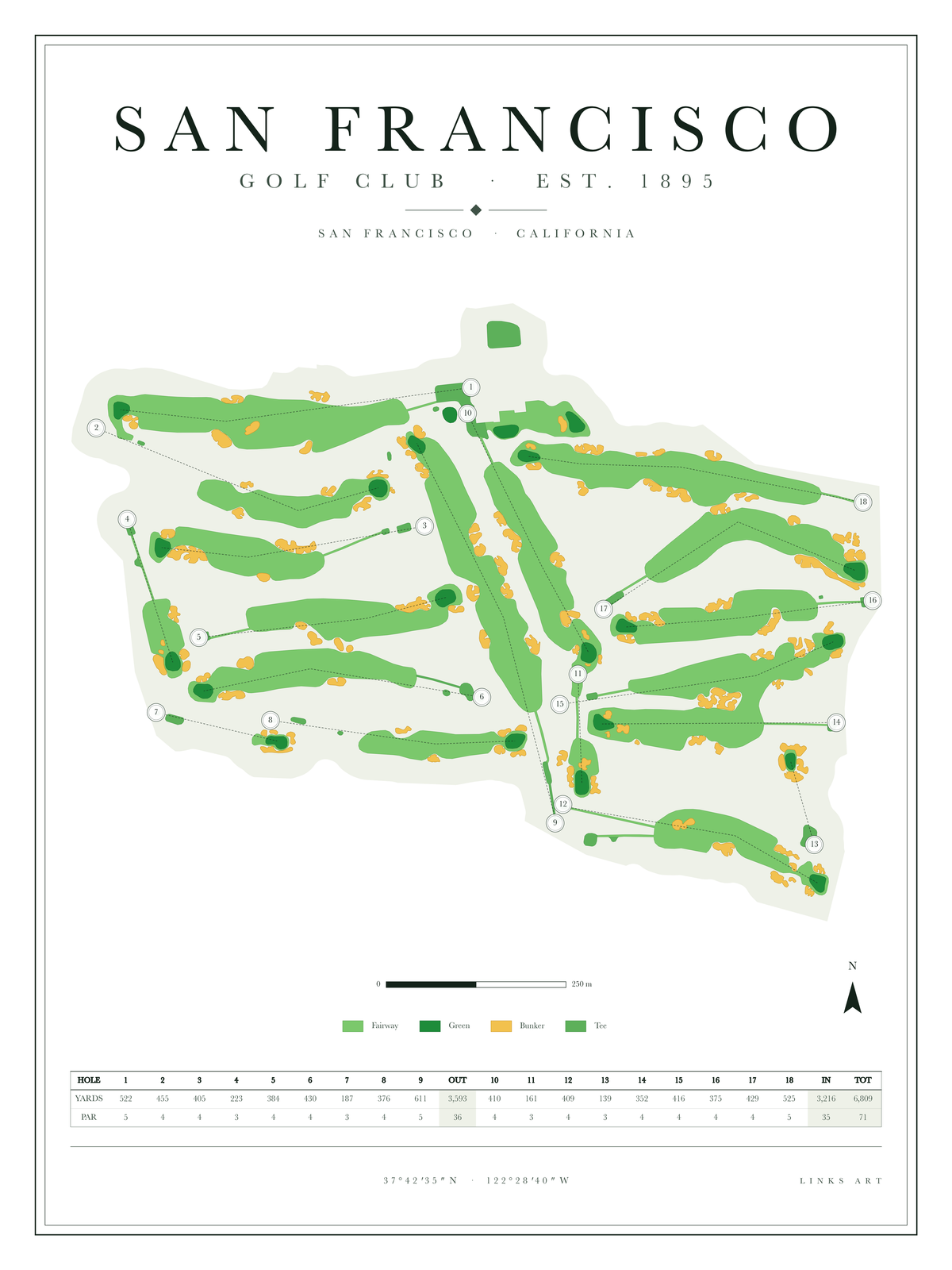 San Francisco golf course map poster, Chalk, portrait