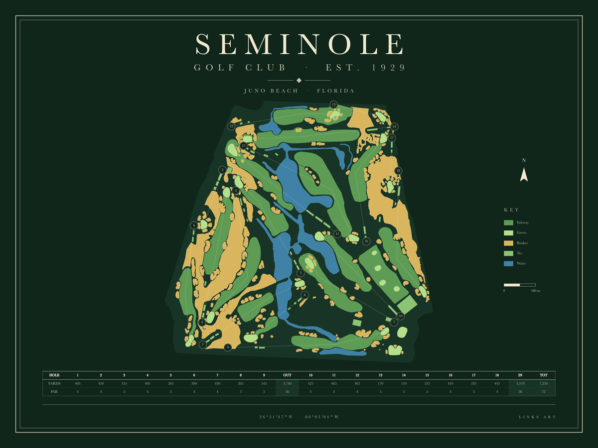 Seminole golf course map poster, Fescue, landscape