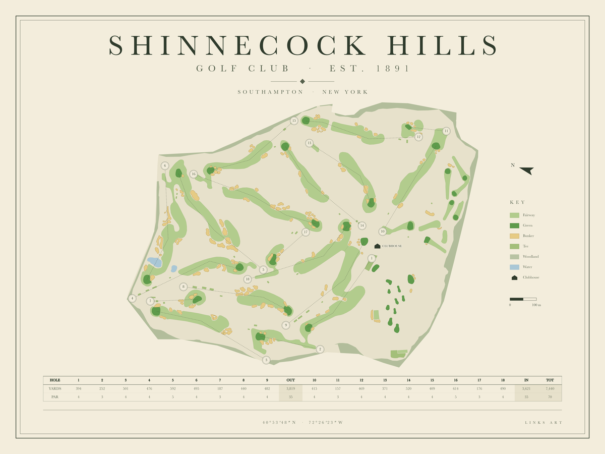 Shinnecock Hills golf course map poster, landscape