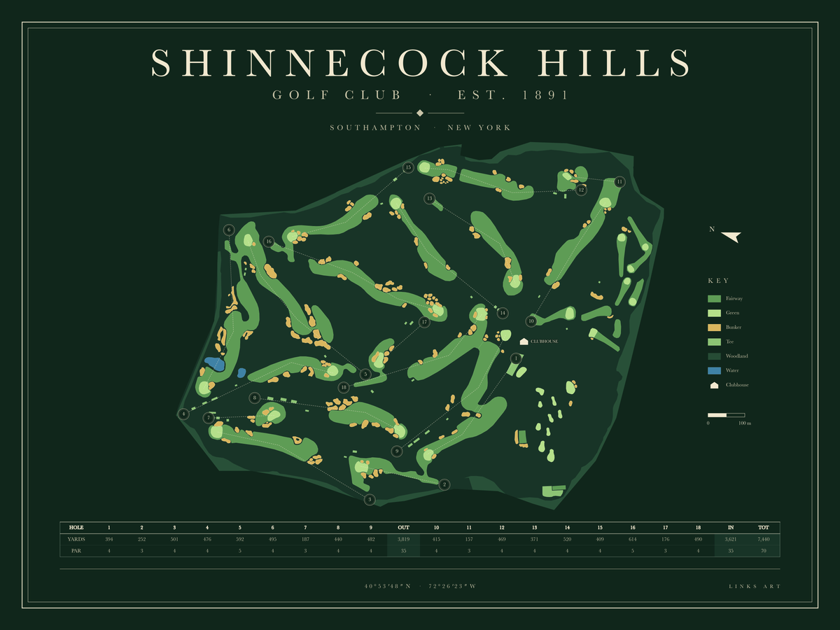 Shinnecock Hills golf course map poster, Fescue, landscape