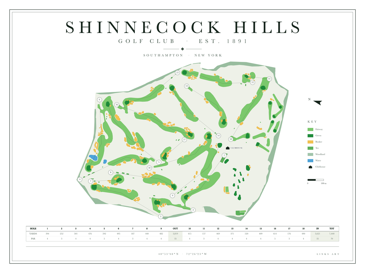 Shinnecock Hills golf course map poster, Chalk, landscape