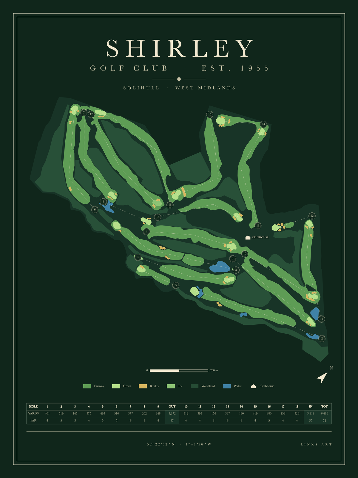 Shirley golf course map poster, Fescue, portrait