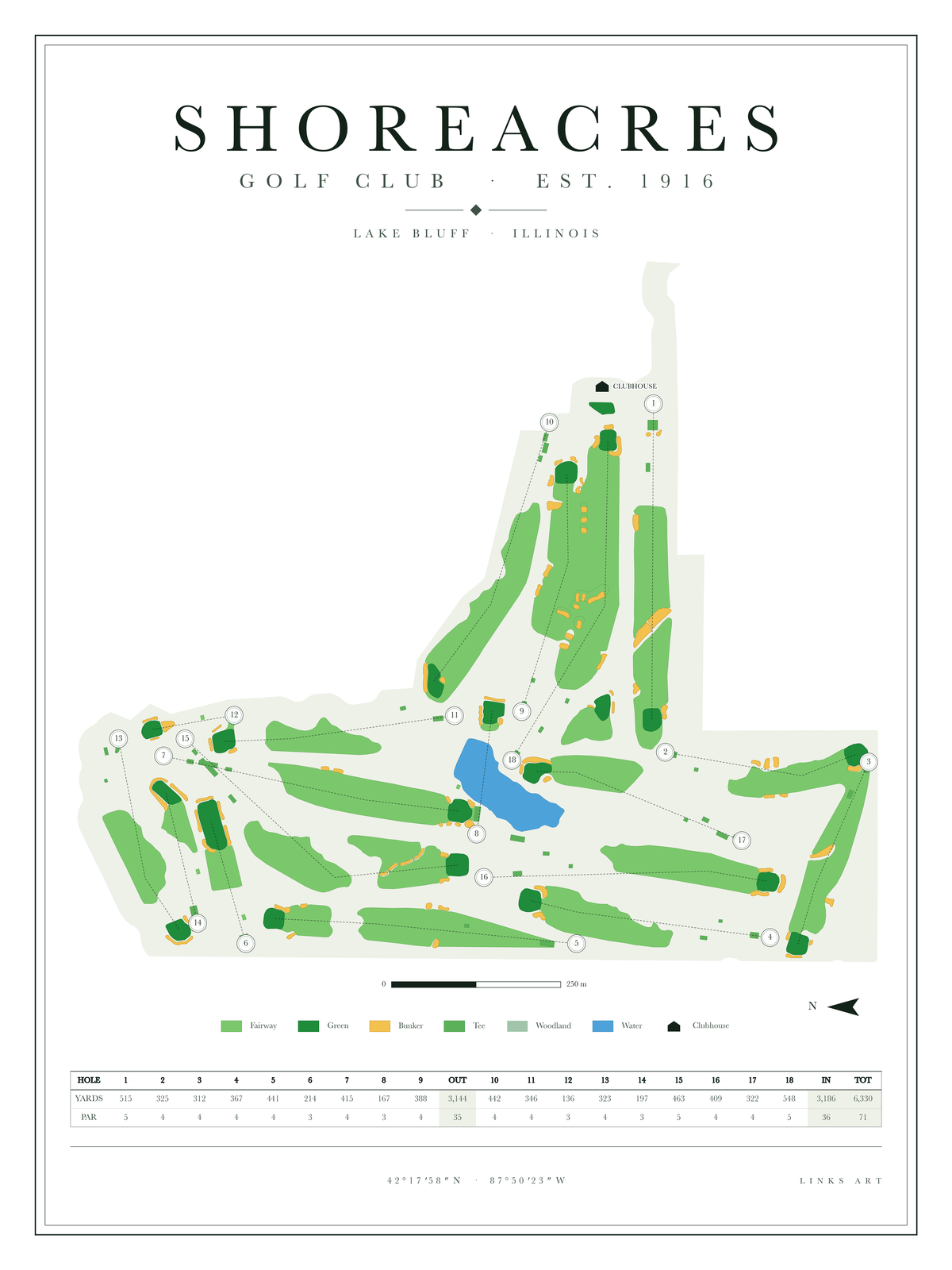 Shoreacres golf course map poster, Chalk, portrait