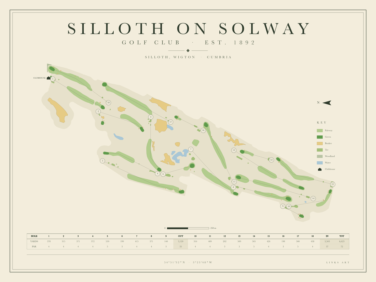 Silloth On Solway golf course map poster, landscape