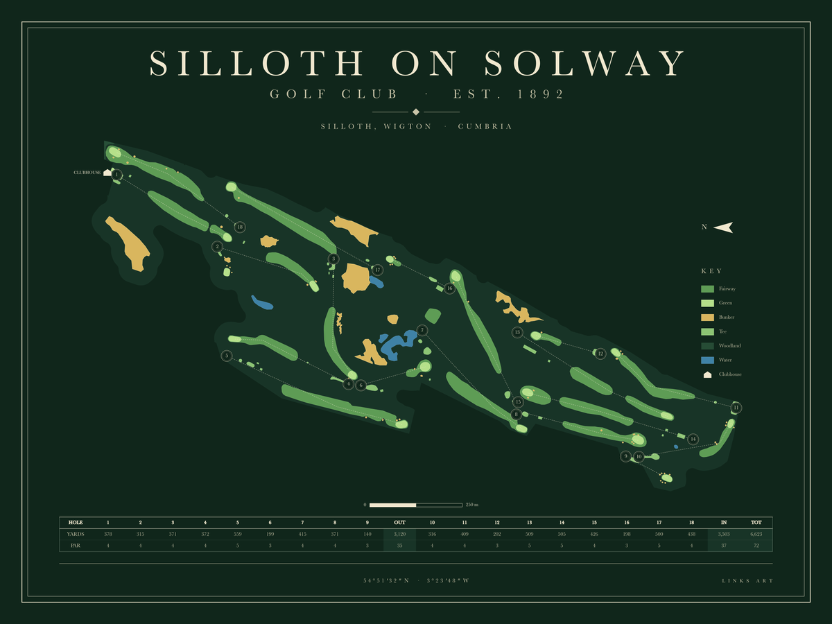 Silloth On Solway golf course map poster, Fescue, landscape