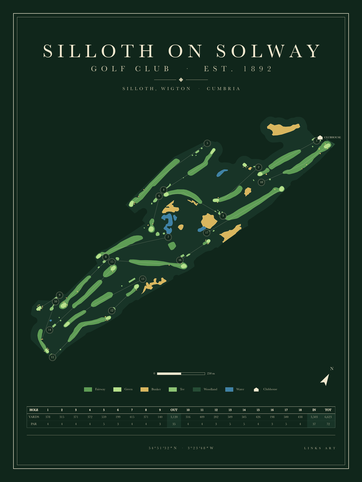 Silloth On Solway golf course map poster, Fescue, portrait