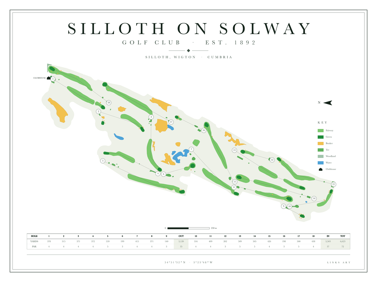 Silloth On Solway golf course map poster, Chalk, landscape
