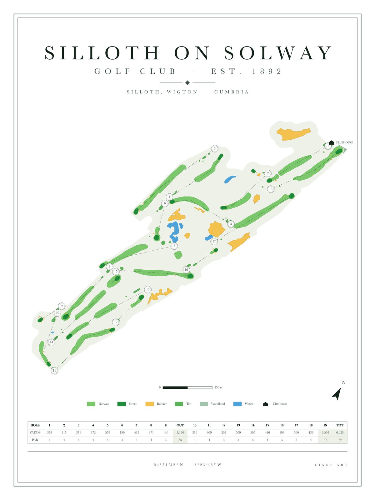 Silloth On Solway golf course map poster, Chalk, portrait