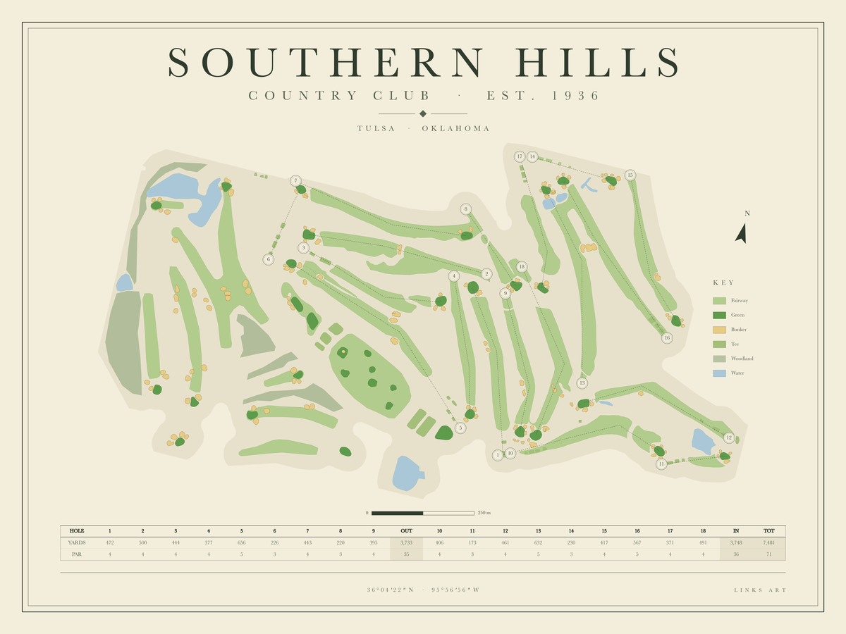 Southern Hills golf course map poster, landscape