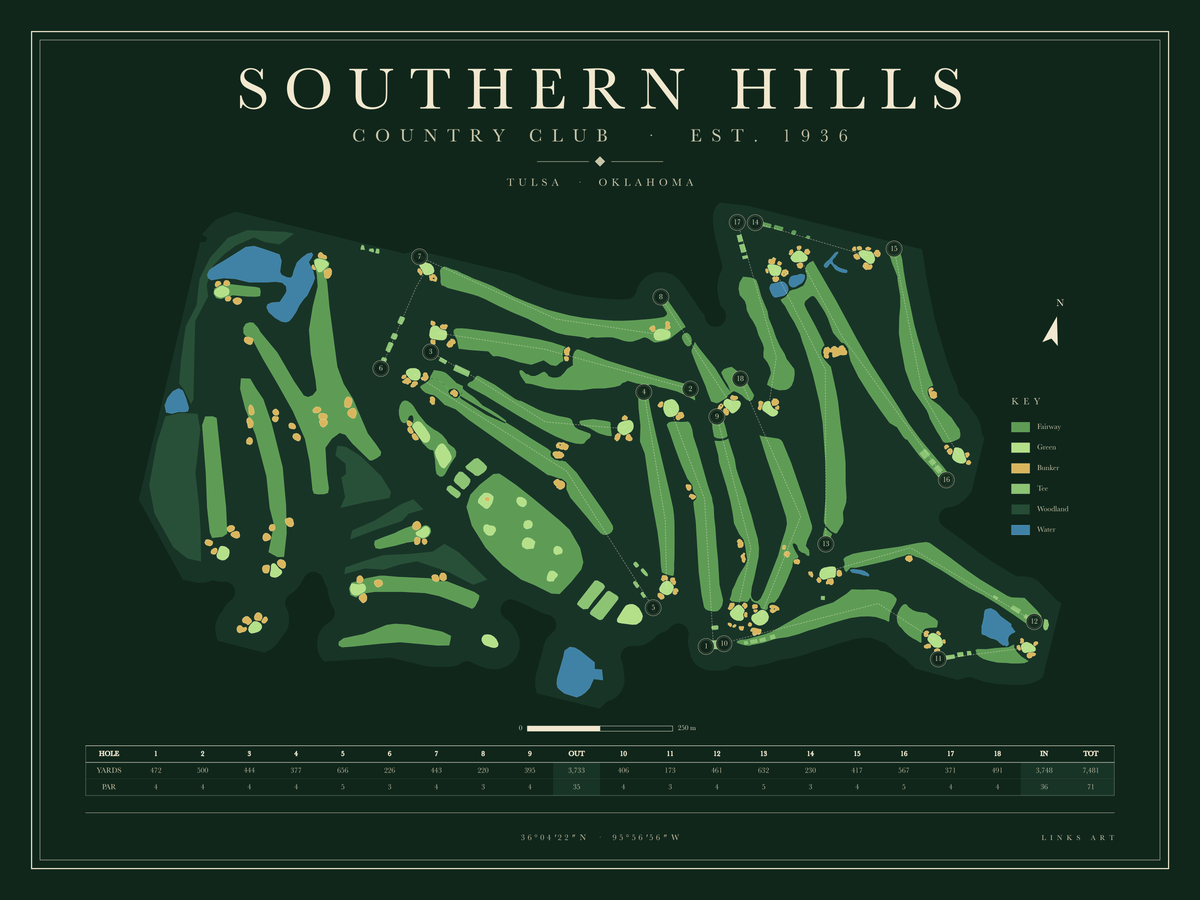 Southern Hills golf course map poster, Fescue, landscape