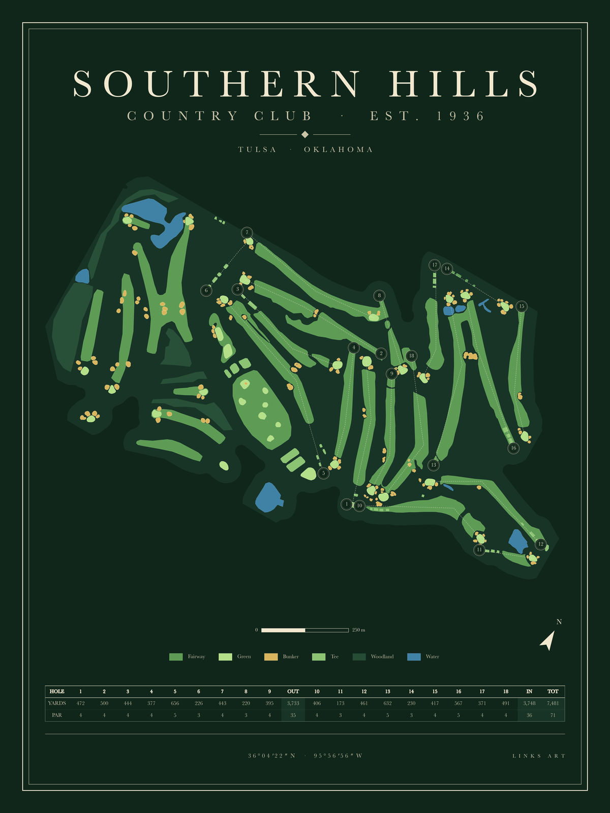 Southern Hills golf course map poster, Fescue, portrait