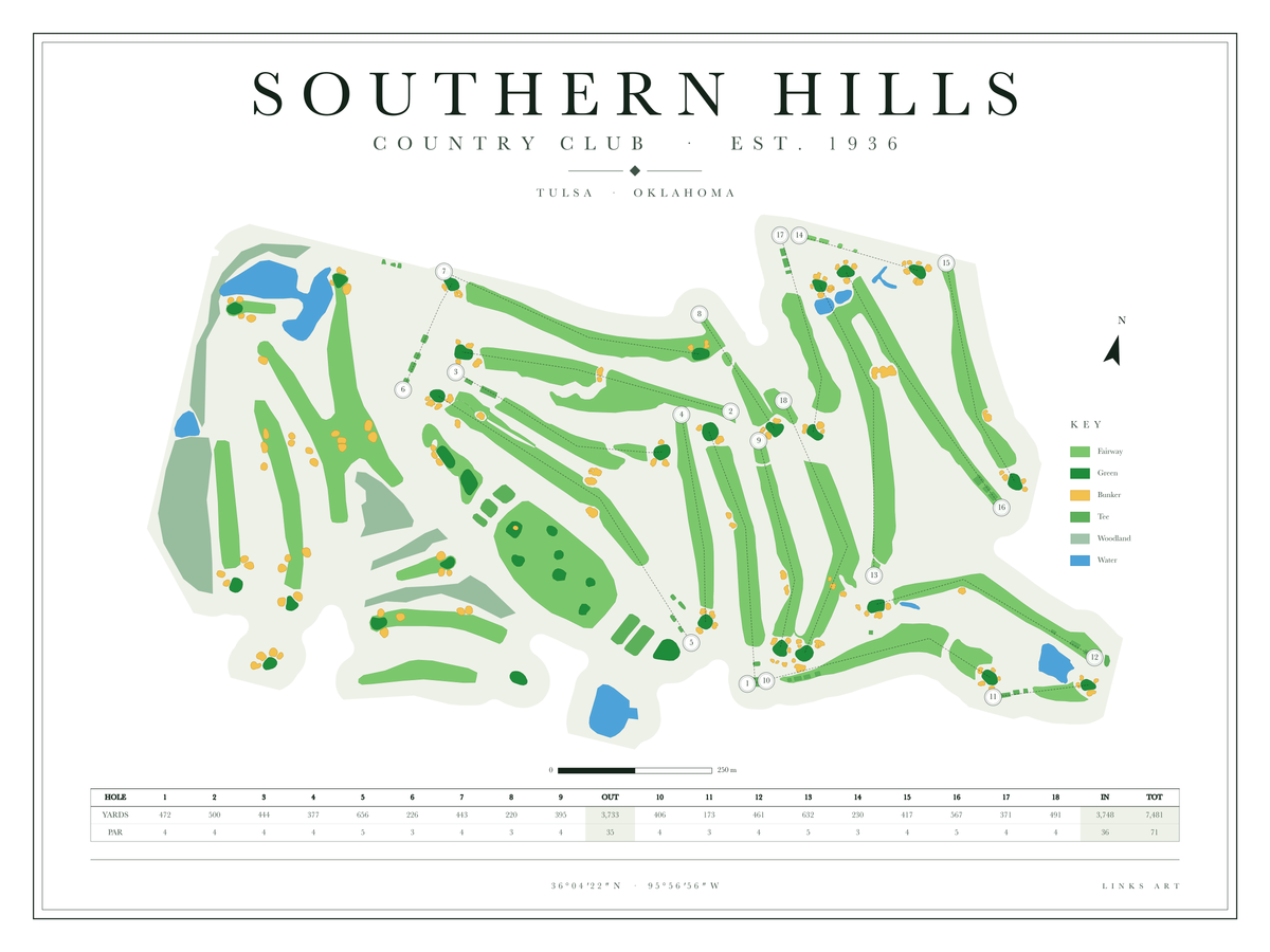 Southern Hills golf course map poster, Chalk, landscape