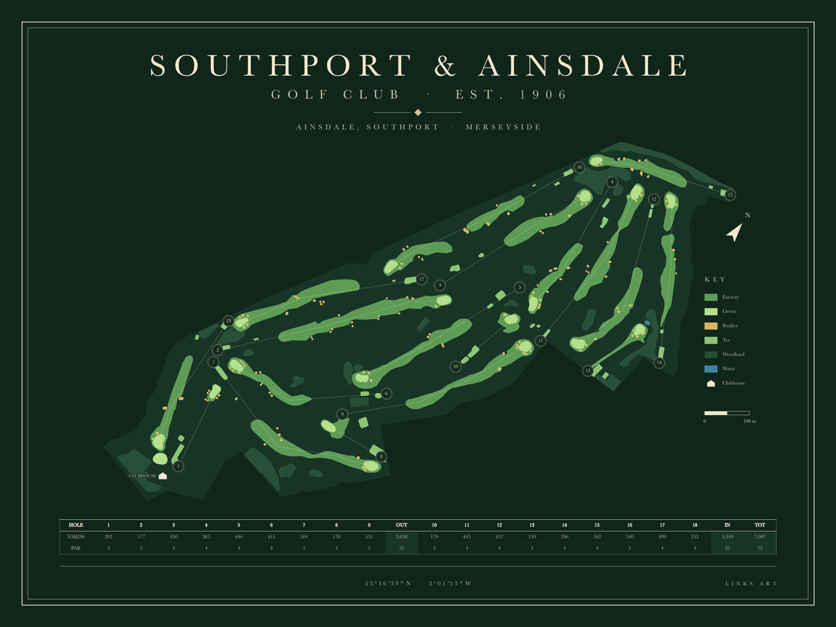 Southport & Ainsdale golf course map poster, Fescue, landscape