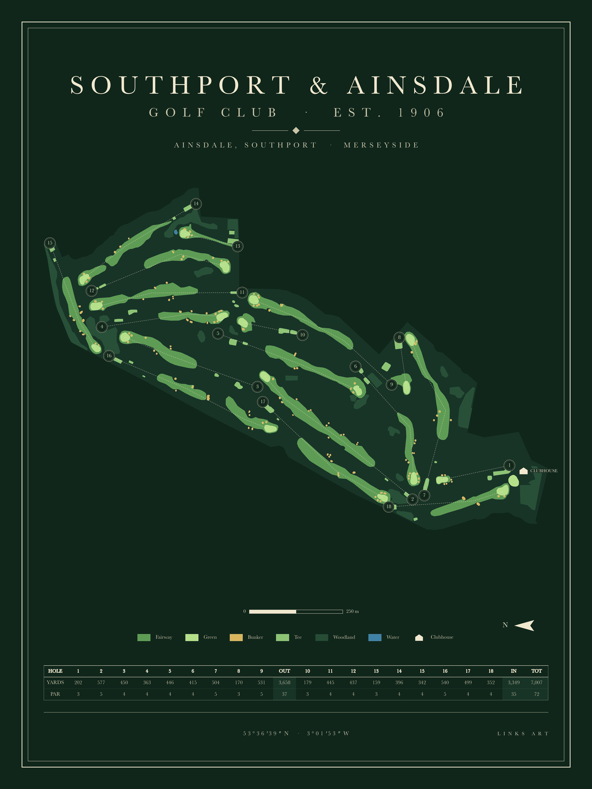 Southport & Ainsdale golf course map poster, Fescue, portrait