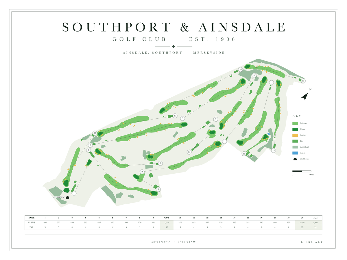 Southport & Ainsdale golf course map poster, Chalk, landscape
