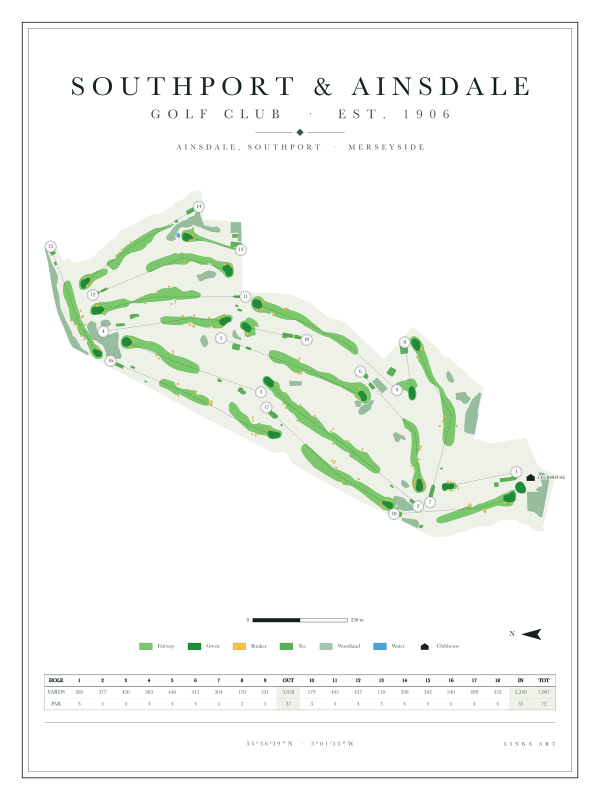 Southport & Ainsdale golf course map poster, Chalk, portrait