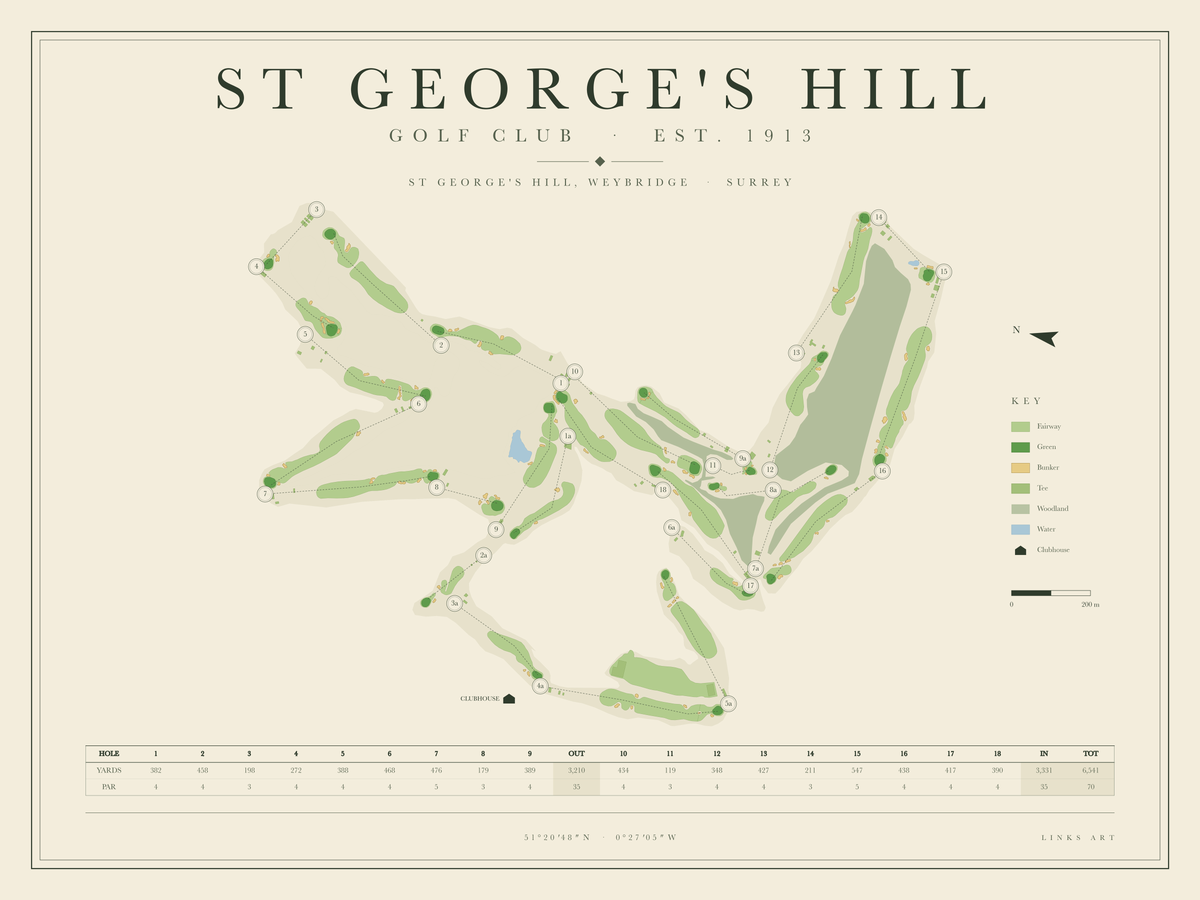 St George's Hill golf course map poster, landscape