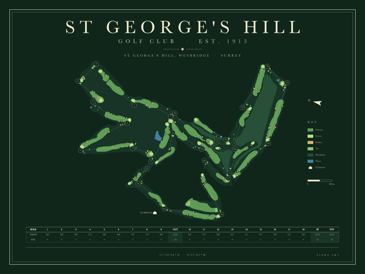 St George's Hill golf course map poster, Fescue, landscape