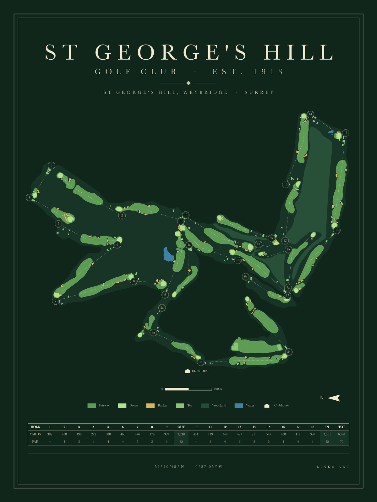 St George's Hill golf course map poster, Fescue, portrait