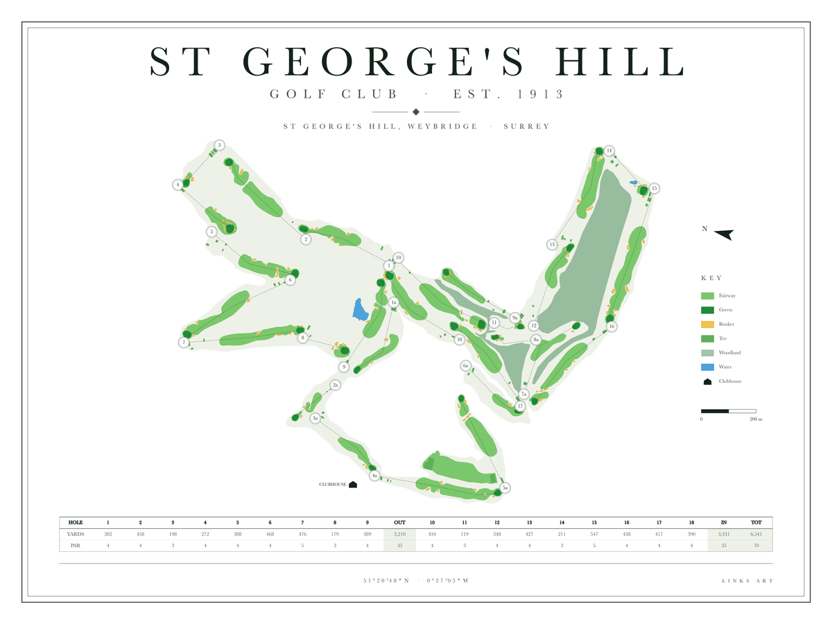 St George's Hill golf course map poster, Chalk, landscape