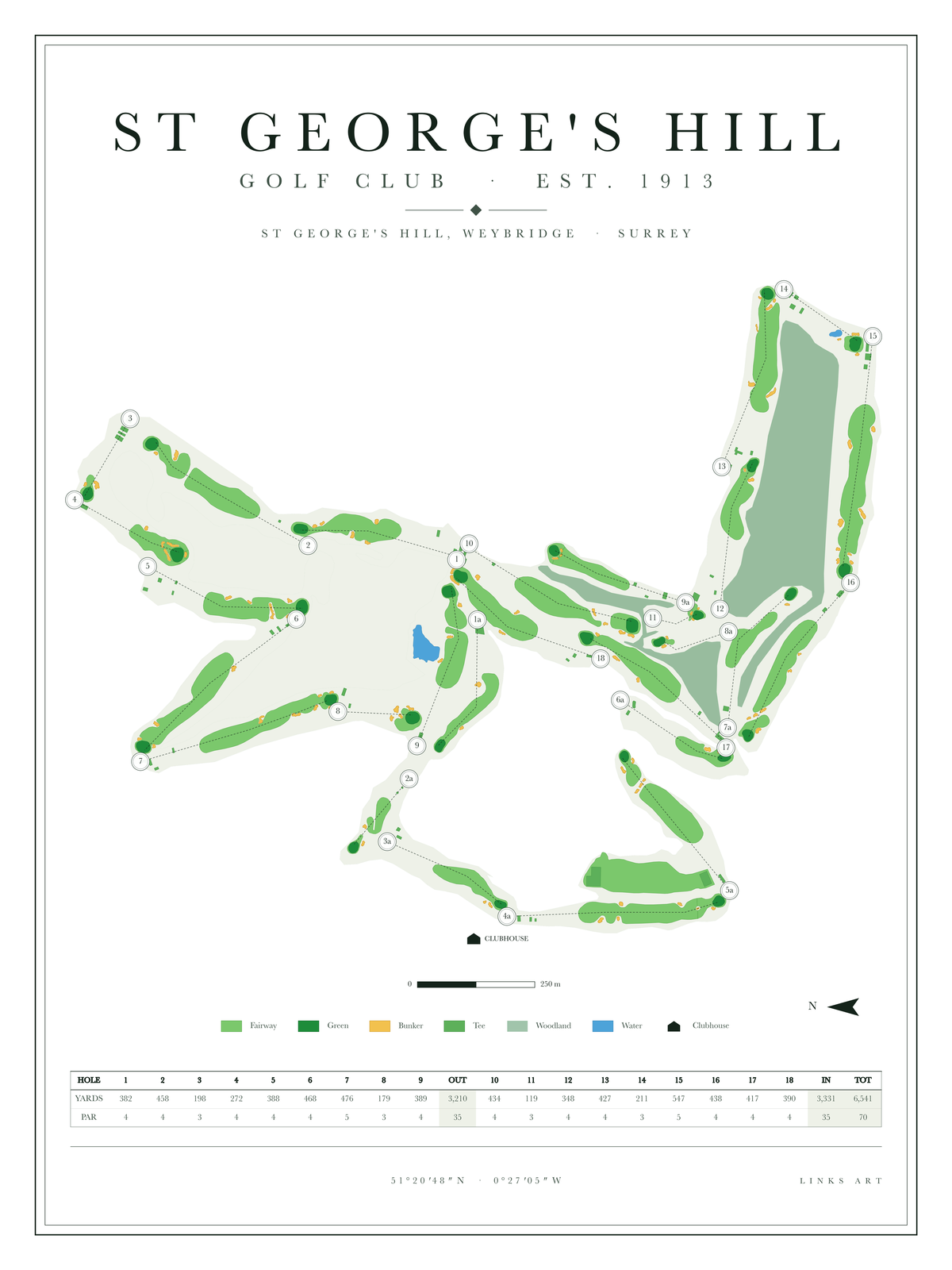 St George's Hill golf course map poster, Chalk, portrait