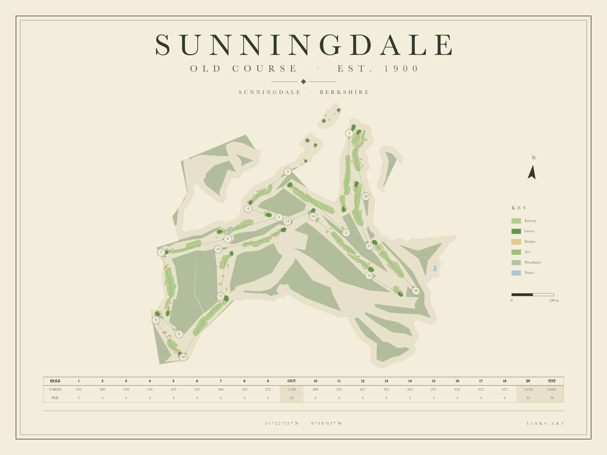 Sunningdale Old Course golf course map poster, landscape