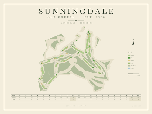 Sunningdale Old Course golf course map poster, landscape