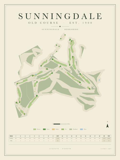 Sunningdale Old Course golf course map poster, portrait