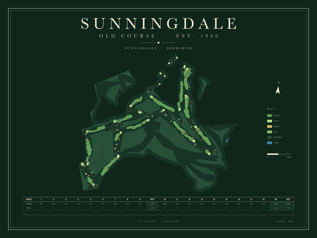 Sunningdale Old Course Map golf course map poster, Fescue, landscape