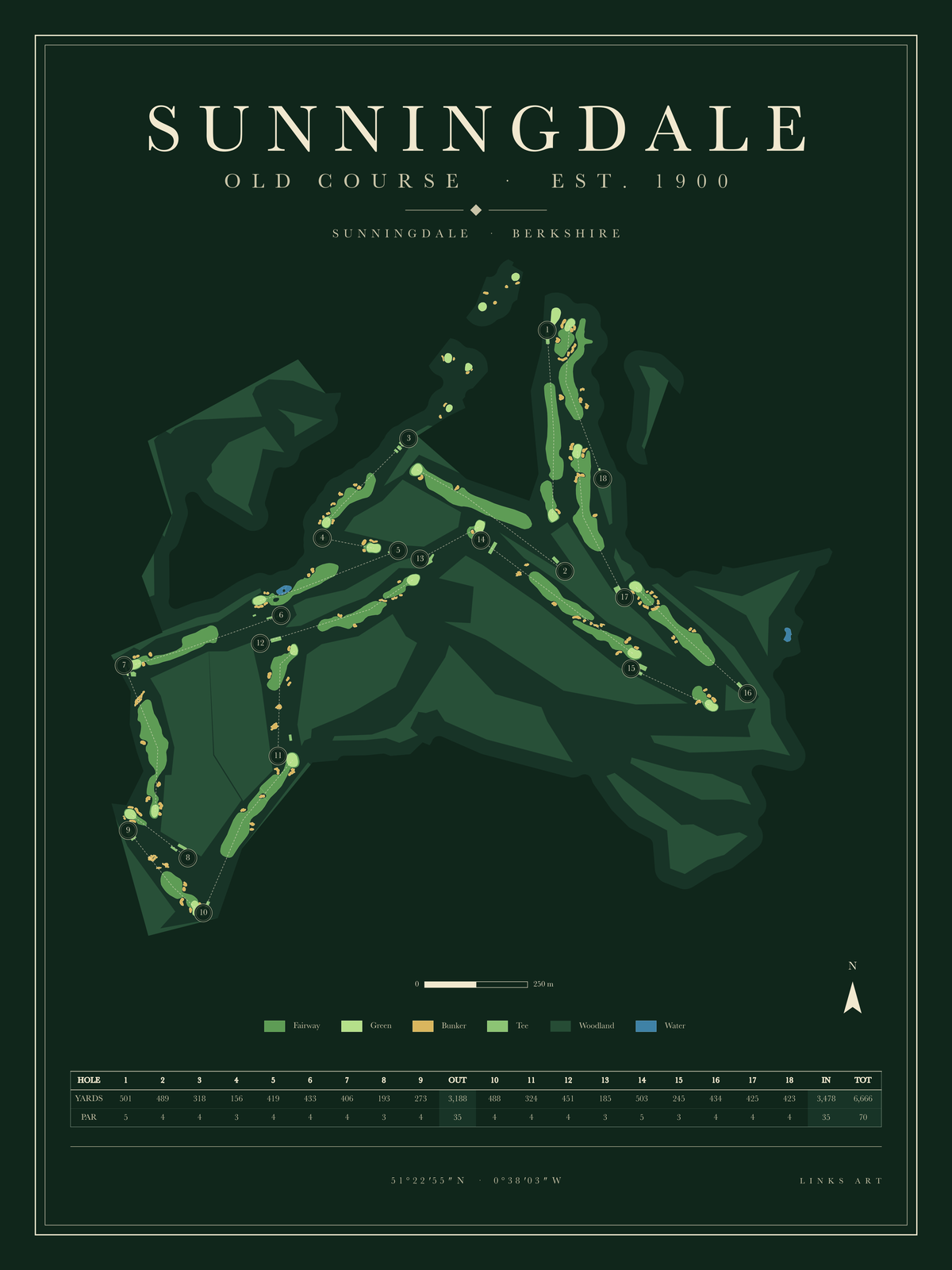Sunningdale Old Course Map golf course map poster, Fescue, portrait