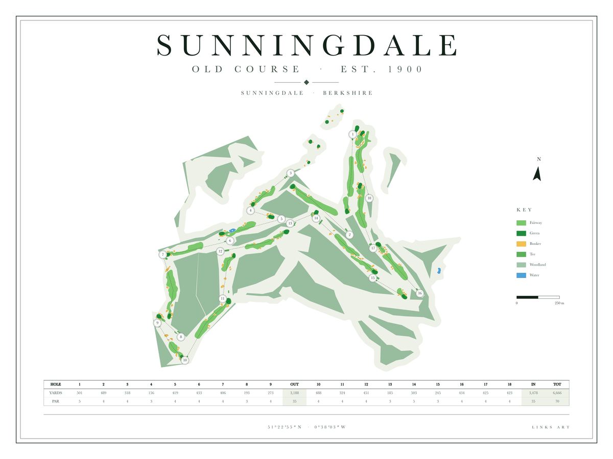 Sunningdale Old Course Map golf course map poster, Chalk, landscape