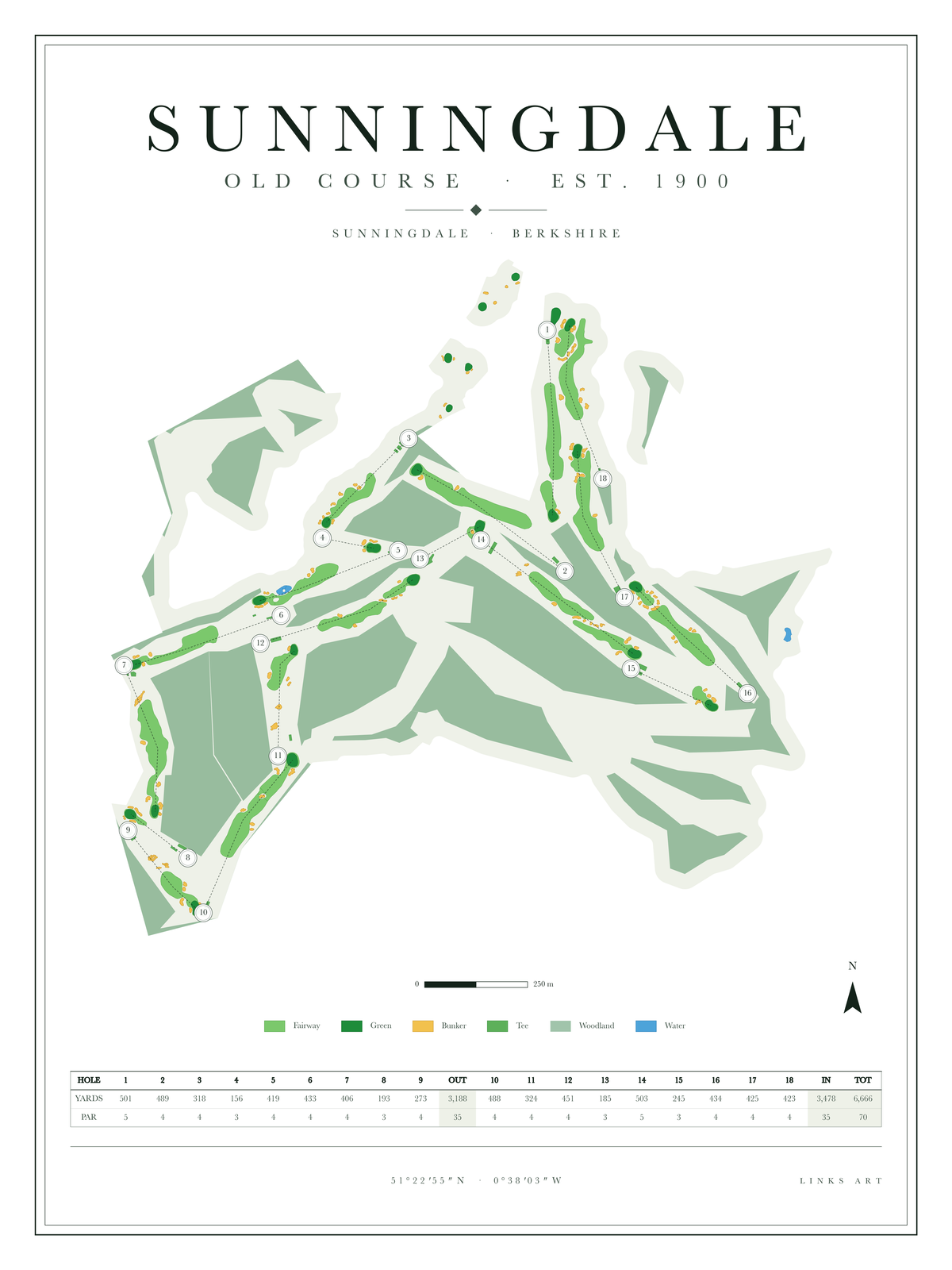 Sunningdale Old Course Map golf course map poster, Chalk, portrait