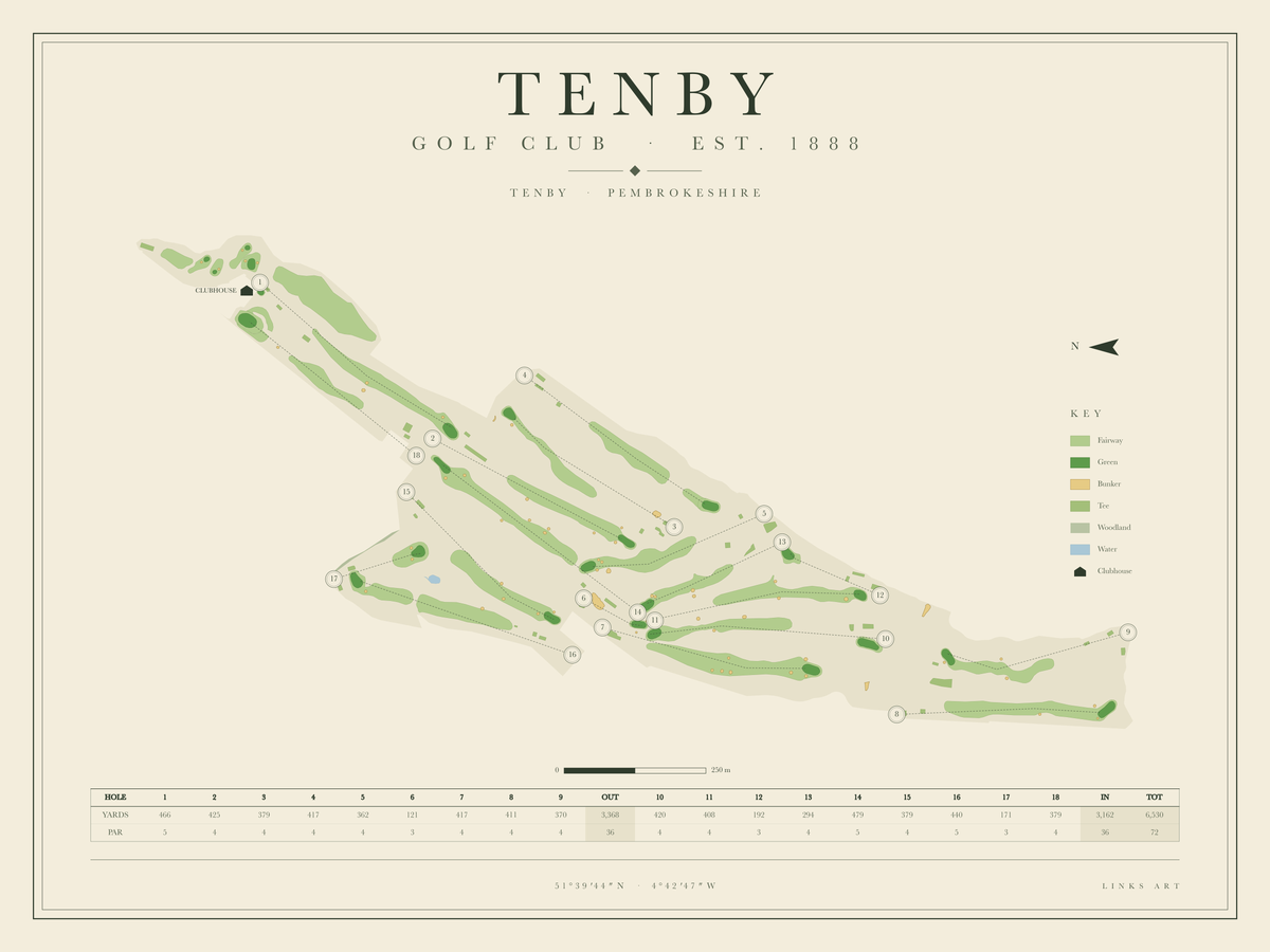 Tenby golf course map poster, landscape