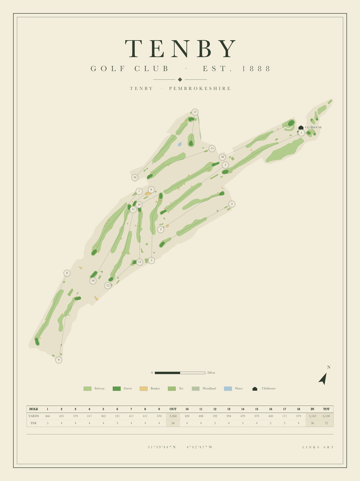 Tenby golf course map poster, portrait