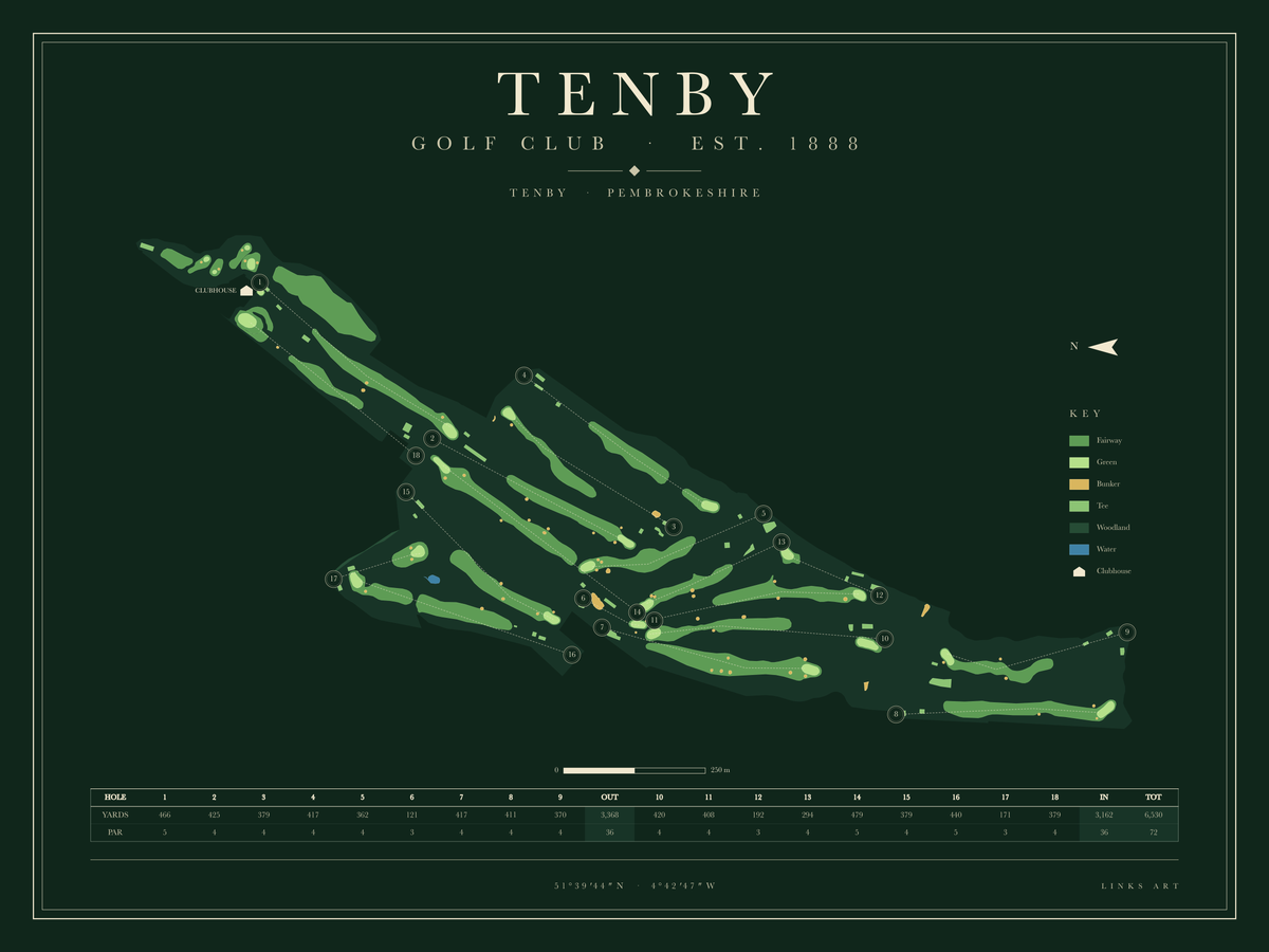 Tenby golf course map poster, Fescue, landscape