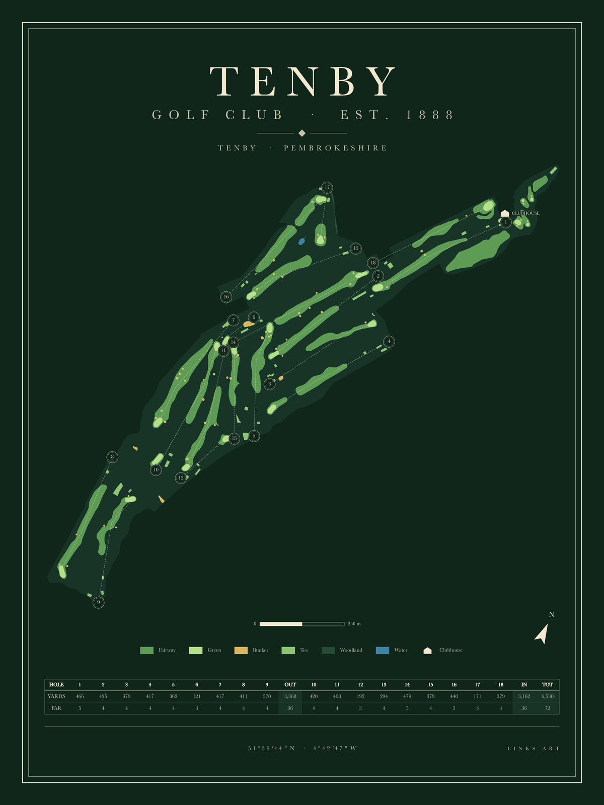 Tenby golf course map poster, Fescue, portrait