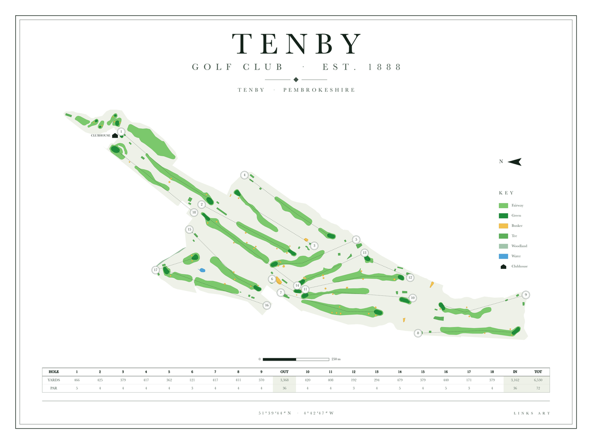 Tenby golf course map poster, Chalk, landscape