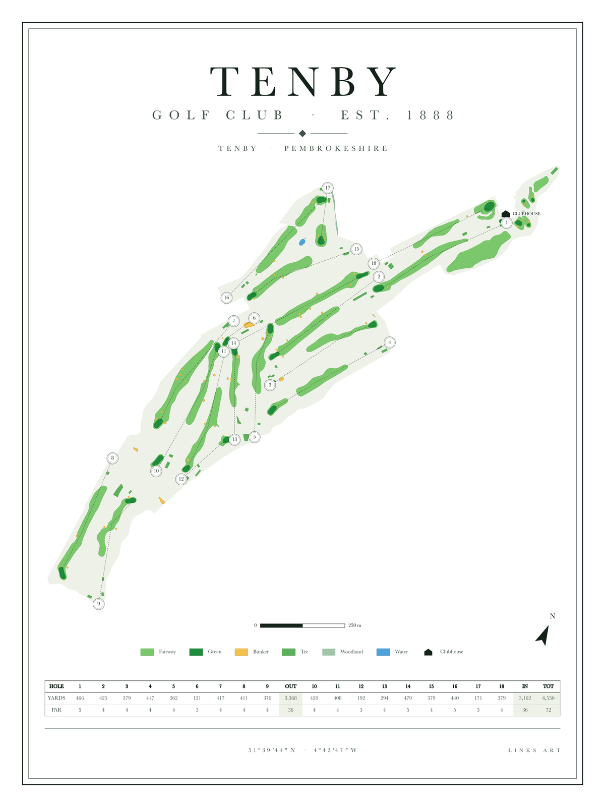 Tenby golf course map poster, Chalk, portrait