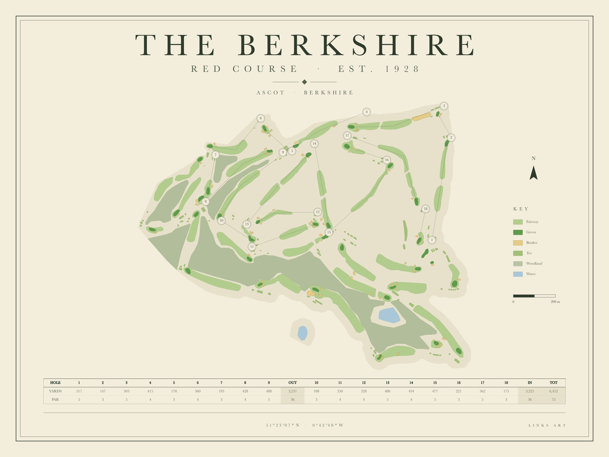 The Berkshire Red Course golf course map poster, landscape