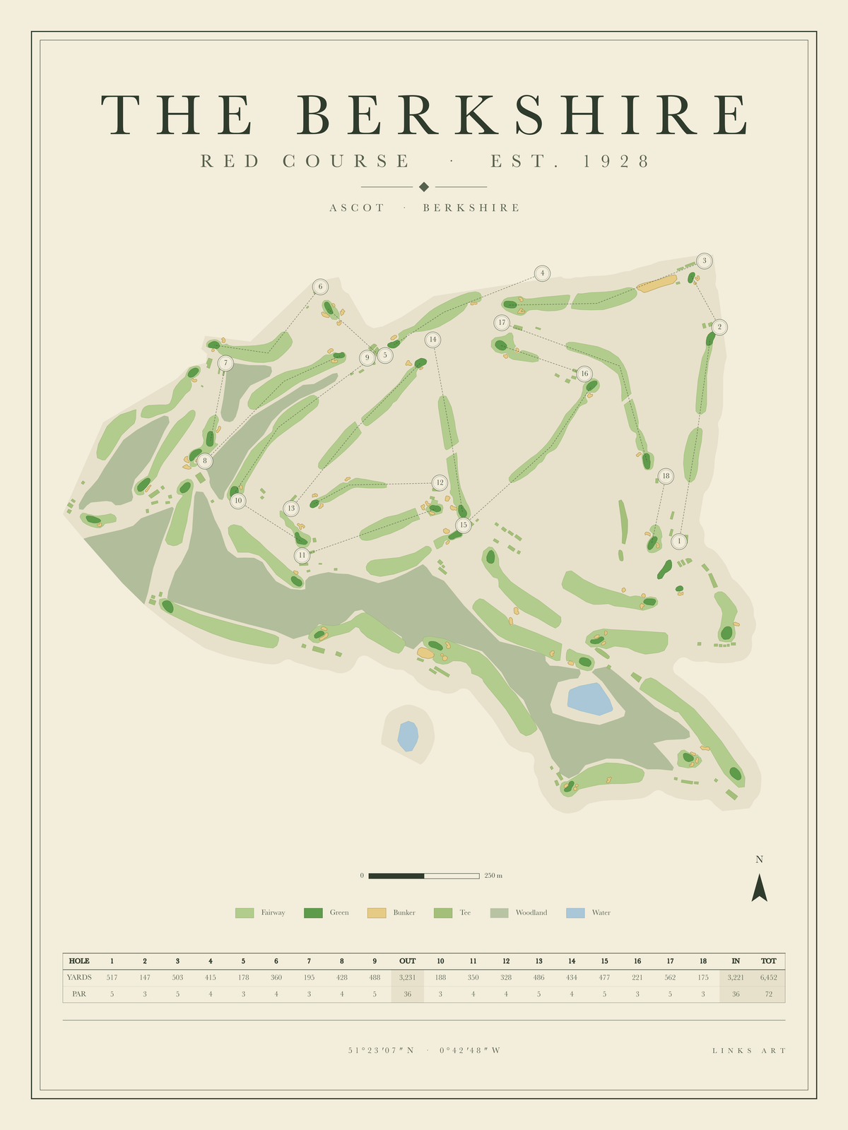 The Berkshire Red Course golf course map poster, portrait