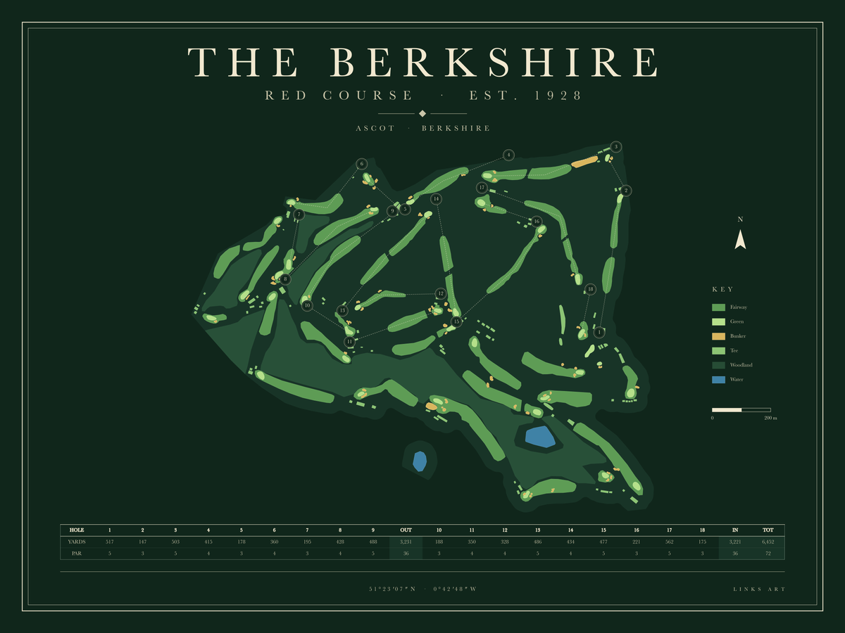 The Berkshire Red Course golf course map poster, Fescue, landscape